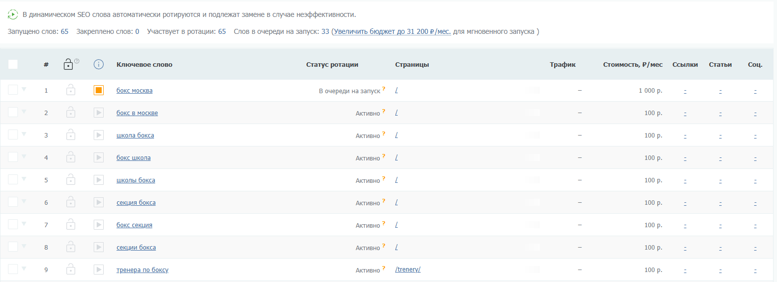 Список запросов в запущенном проекте «Динамическое SEO»