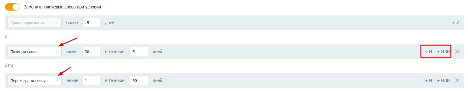 Пример настройки правила замены: если при продвижении более 15 дней позиции слова ниже 30-й в течение пяти дней или по слову менее одного перехода за 30 дней