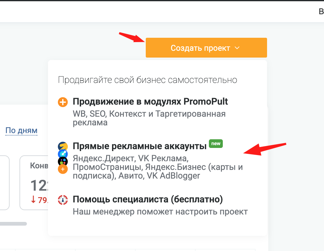 Выбор прямых рекламных аккаунтов в интерфейсе PromoPult